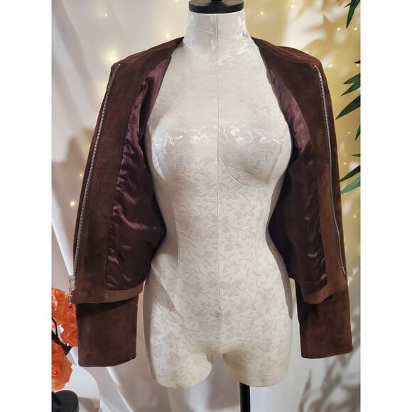 Bebe Vtg Y2K 100% Leather Patchwork Cropped Double Zip Jacket Size M Brown - Picture 6 of 11
